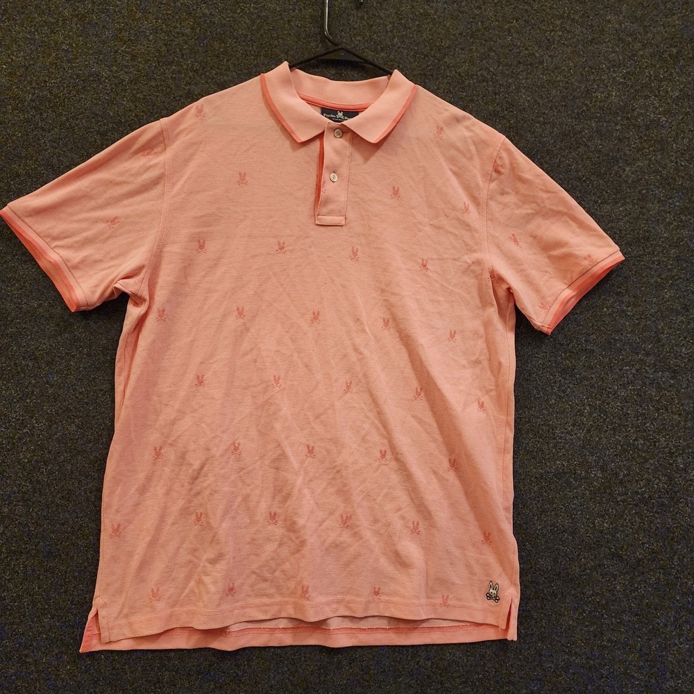 Psycho Bunny Men's Polo Shirt Size 7 XL Pink Orange All Over Logo Print